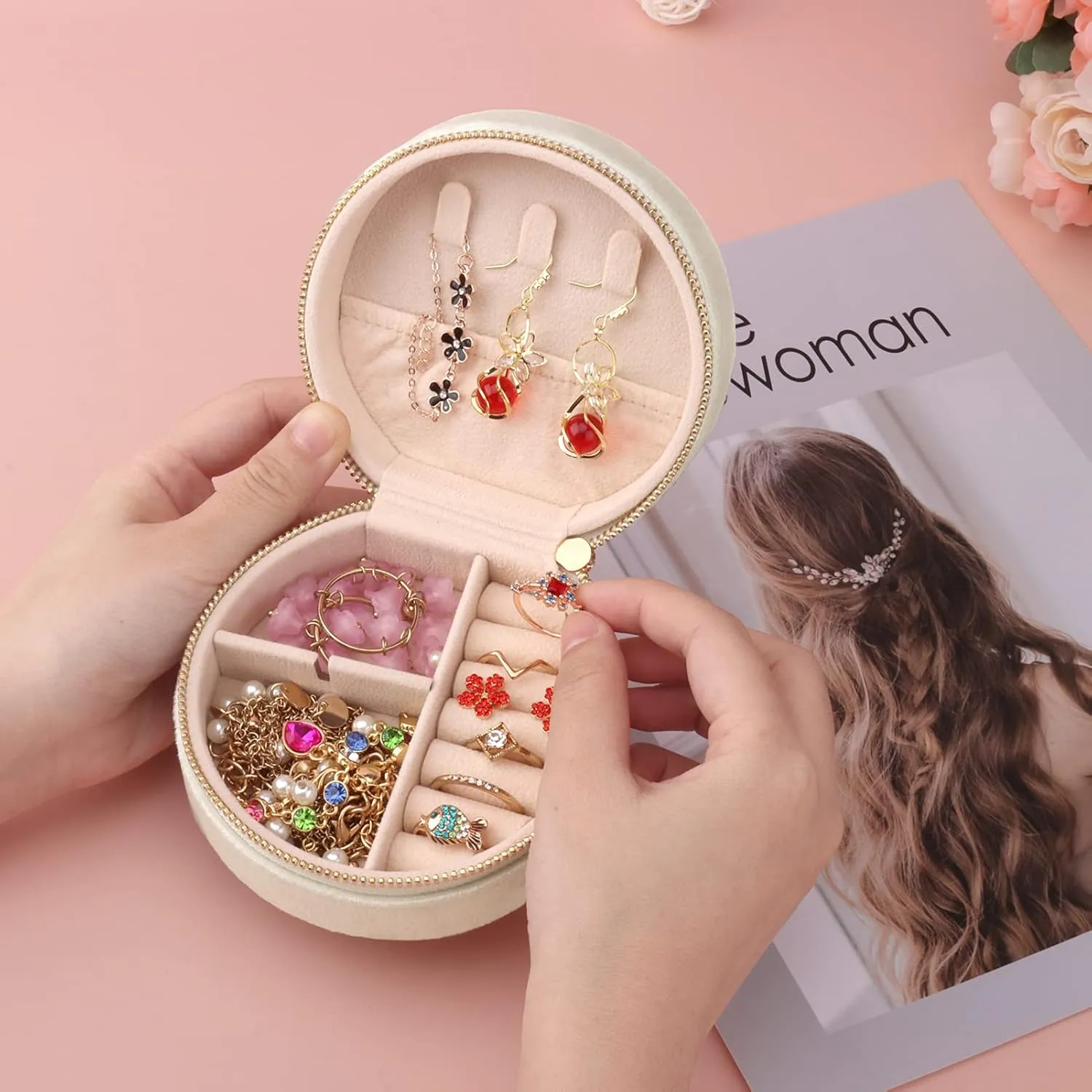 DesignSter Travel Jewelry Box - Velvet Mini Jewelry Organizer, Small Jewelry Case for Girls Women, Jewelry Storage Box for Rings Earrings Necklace (Circular, Cream Beige)