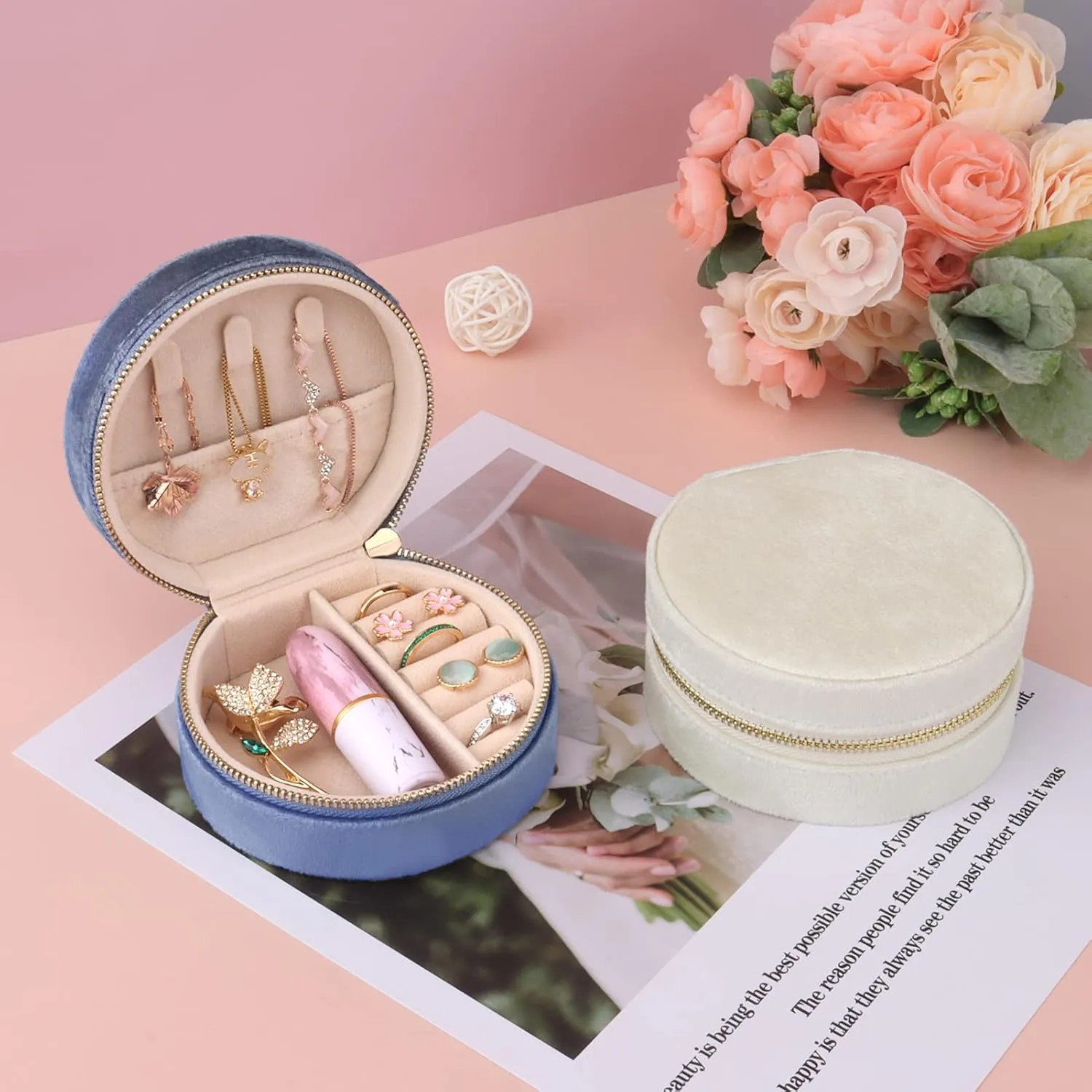 DesignSter Travel Jewelry Box - Velvet Mini Jewelry Organizer, Small Jewelry Case for Girls Women, Jewelry Storage Box for Rings Earrings Necklace (Circular, Cream Beige)