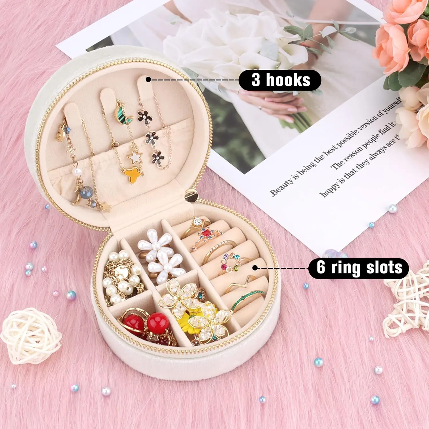 DesignSter Travel Jewelry Box - Velvet Mini Jewelry Organizer, Small Jewelry Case for Girls Women, Jewelry Storage Box for Rings Earrings Necklace (Circular, Cream Beige)