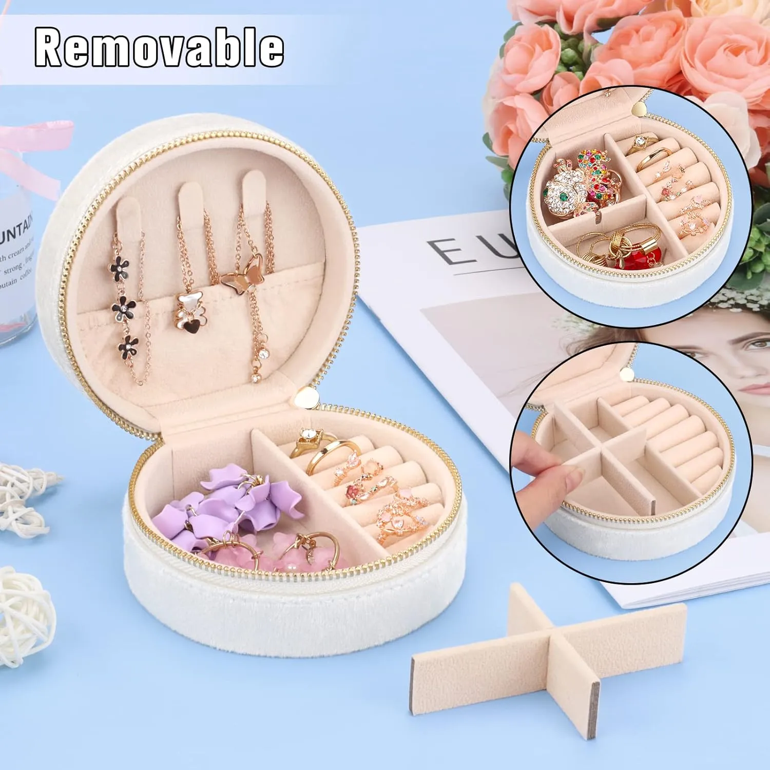 DesignSter Travel Jewelry Box - Velvet Mini Jewelry Organizer, Small Jewelry Case for Girls Women, Jewelry Storage Box for Rings Earrings Necklace (Circular, Cream Beige)