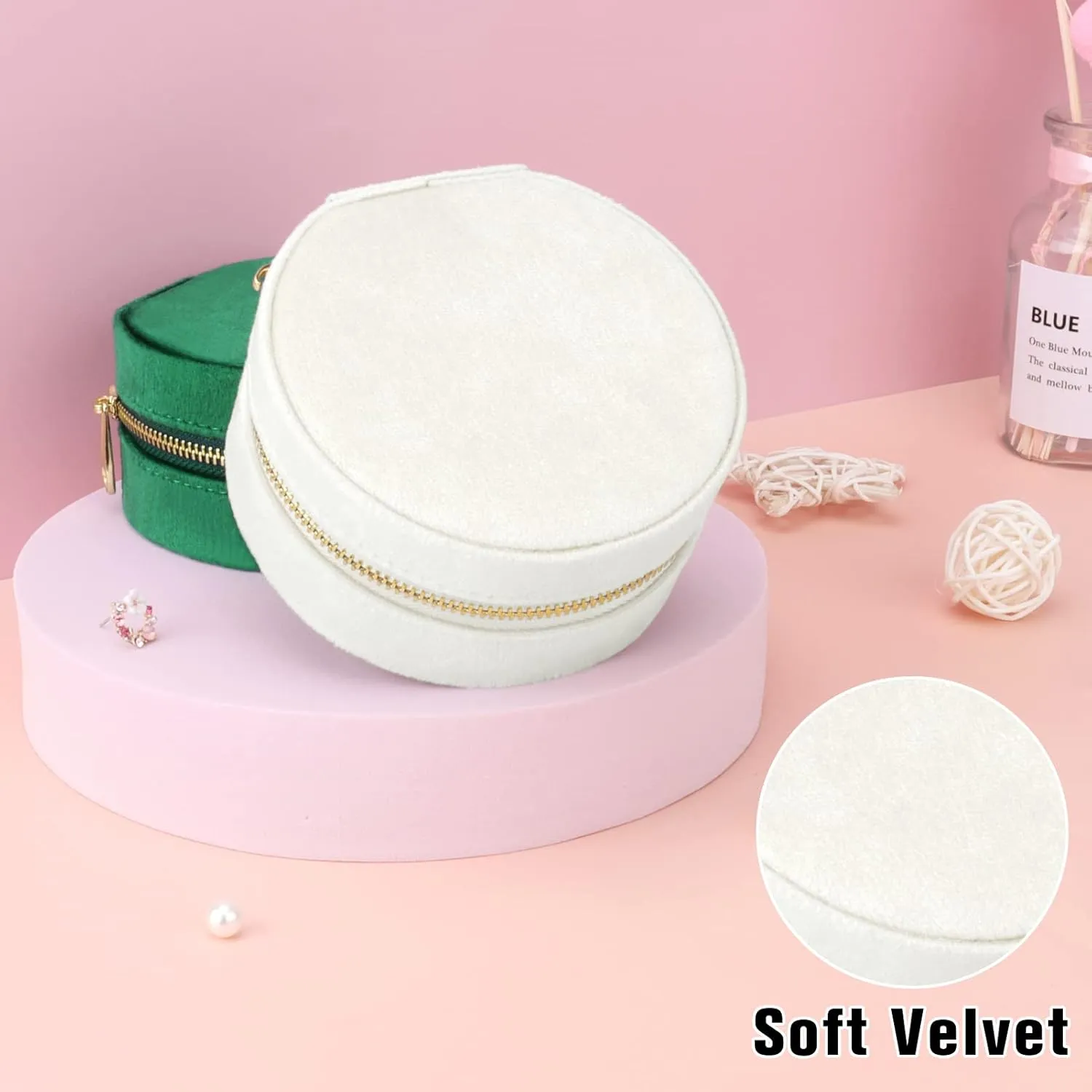 DesignSter Travel Jewelry Box - Velvet Mini Jewelry Organizer, Small Jewelry Case for Girls Women, Jewelry Storage Box for Rings Earrings Necklace (Circular, Cream Beige)