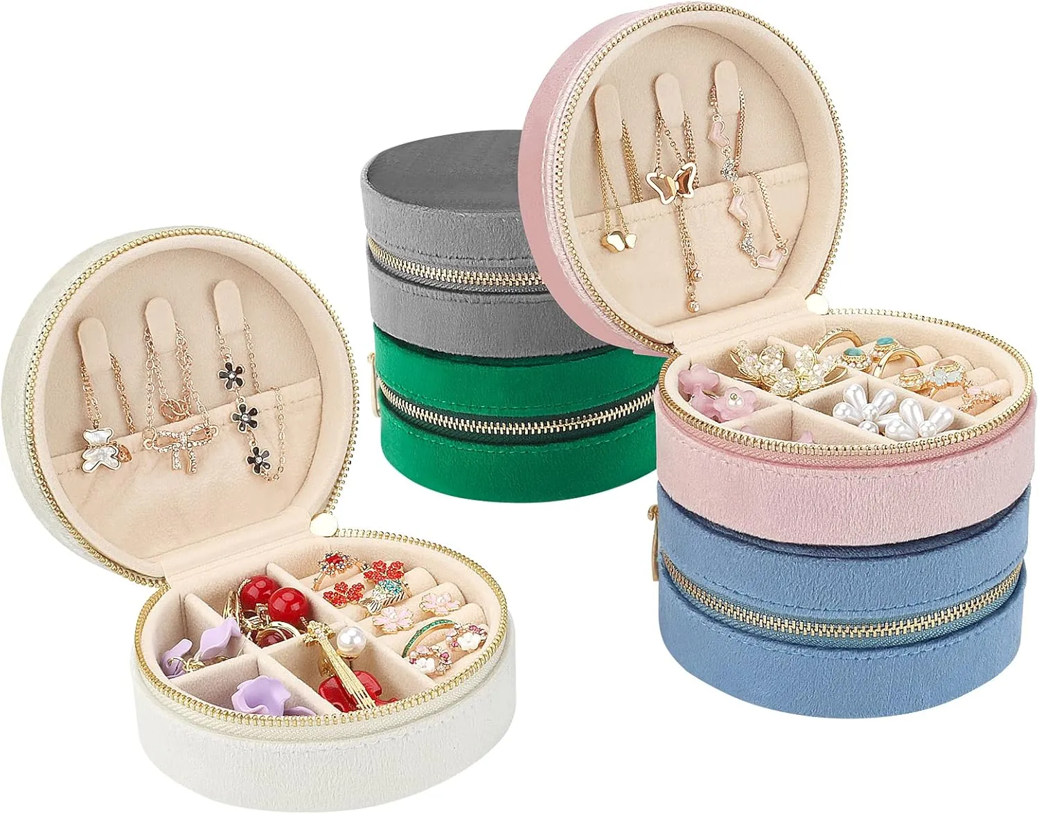 DesignSter Travel Jewelry Box - Velvet Mini Jewelry Organizer, Small Jewelry Case for Girls Women, Jewelry Storage Box for Rings Earrings Necklace (Circular, Cream Beige)
