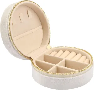 DesignSter Travel Jewelry Box - Velvet Mini Jewelry Organizer, Small Jewelry Case for Girls Women, Jewelry Storage Box for Rings Earrings Necklace (Circular, Cream Beige)