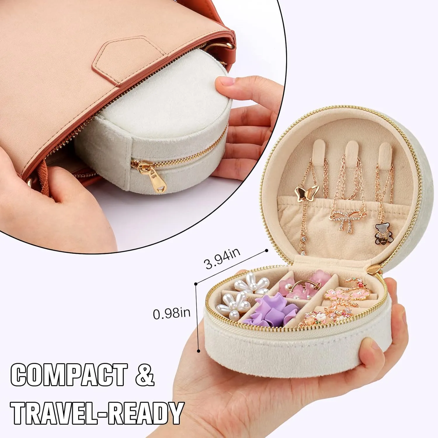 DesignSter Travel Jewelry Box - Velvet Mini Jewelry Organizer, Small Jewelry Case for Girls Women, Jewelry Storage Box for Rings Earrings Necklace (Circular, Cream Beige)