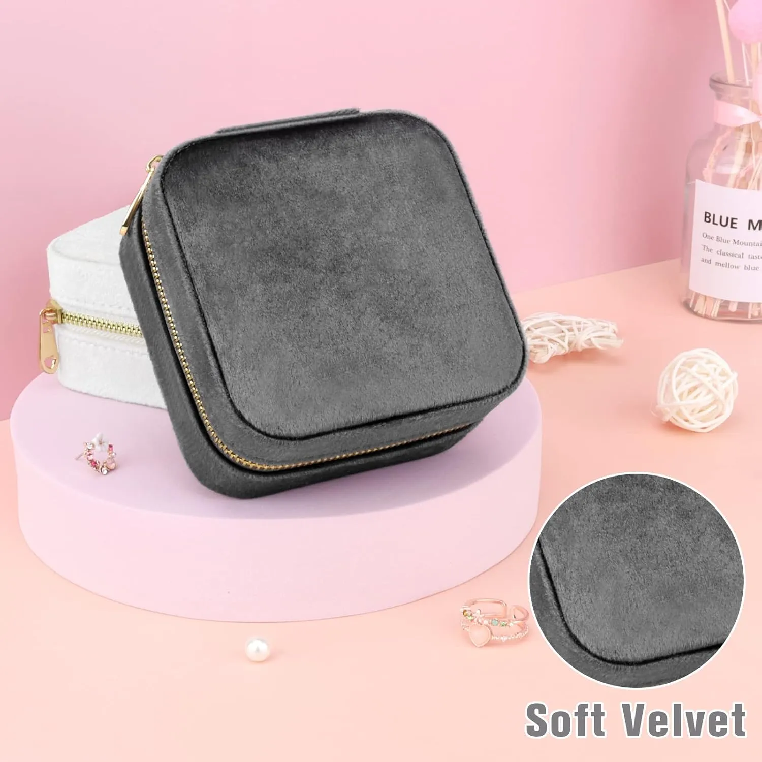 DesignSter Travel Jewelry Box - Velvet Mini Jewelry Organizer, Small Jewelry Case for Girls Women, Jewelry Storage Box for Rings Earrings Necklace (Square, Cool Gray)