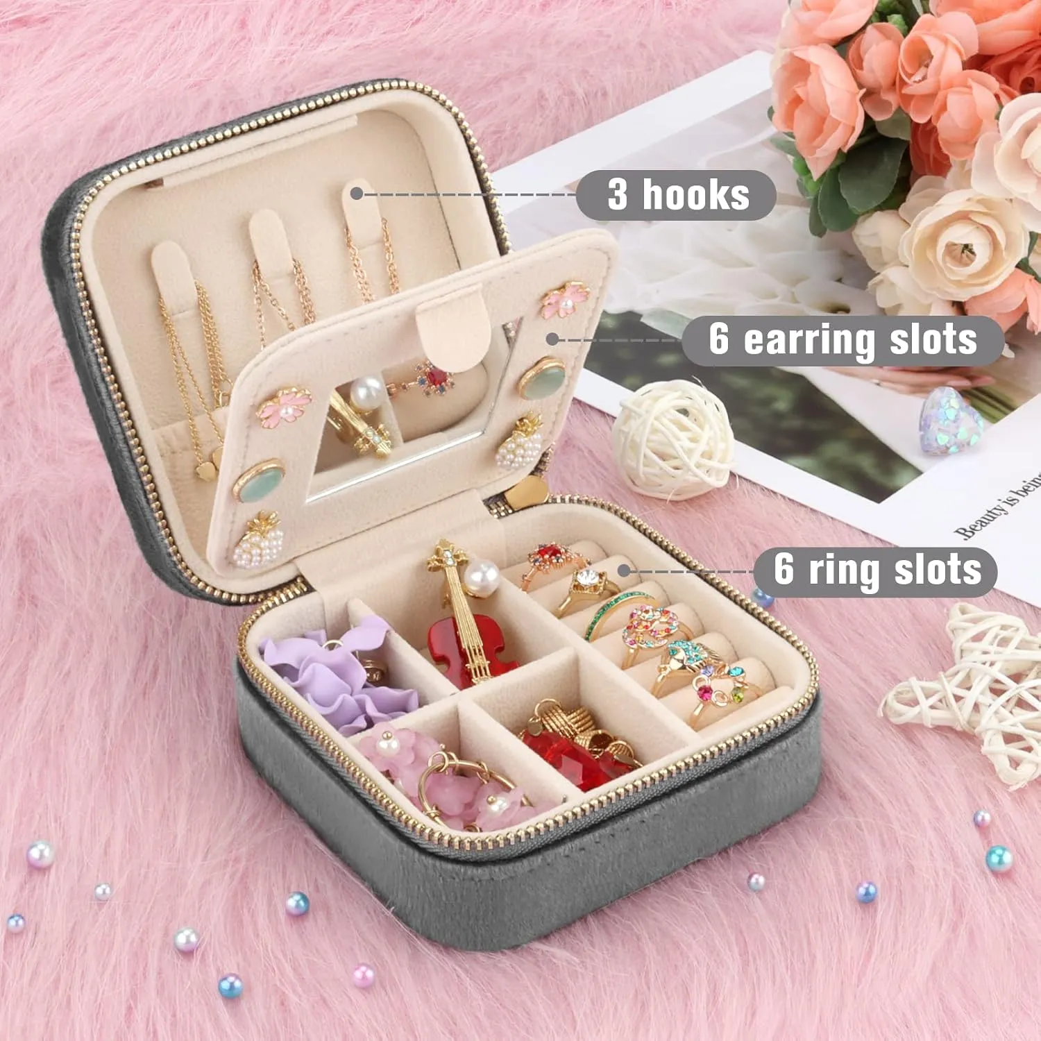 DesignSter Travel Jewelry Box - Velvet Mini Jewelry Organizer, Small Jewelry Case for Girls Women, Jewelry Storage Box for Rings Earrings Necklace (Square, Cool Gray)