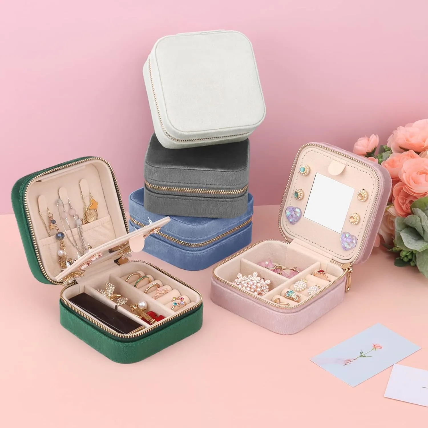 DesignSter Travel Jewelry Box - Velvet Mini Jewelry Organizer, Small Jewelry Case for Girls Women, Jewelry Storage Box for Rings Earrings Necklace (Square, Cool Gray)