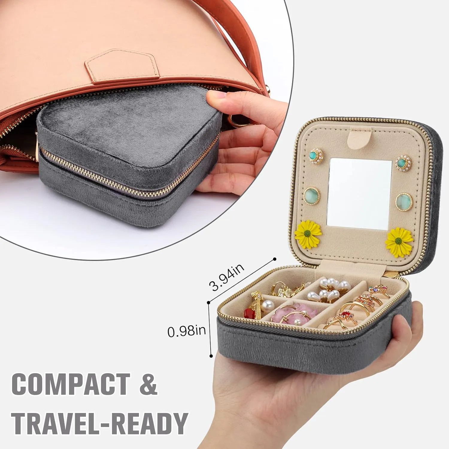 DesignSter Travel Jewelry Box - Velvet Mini Jewelry Organizer, Small Jewelry Case for Girls Women, Jewelry Storage Box for Rings Earrings Necklace (Square, Cool Gray)