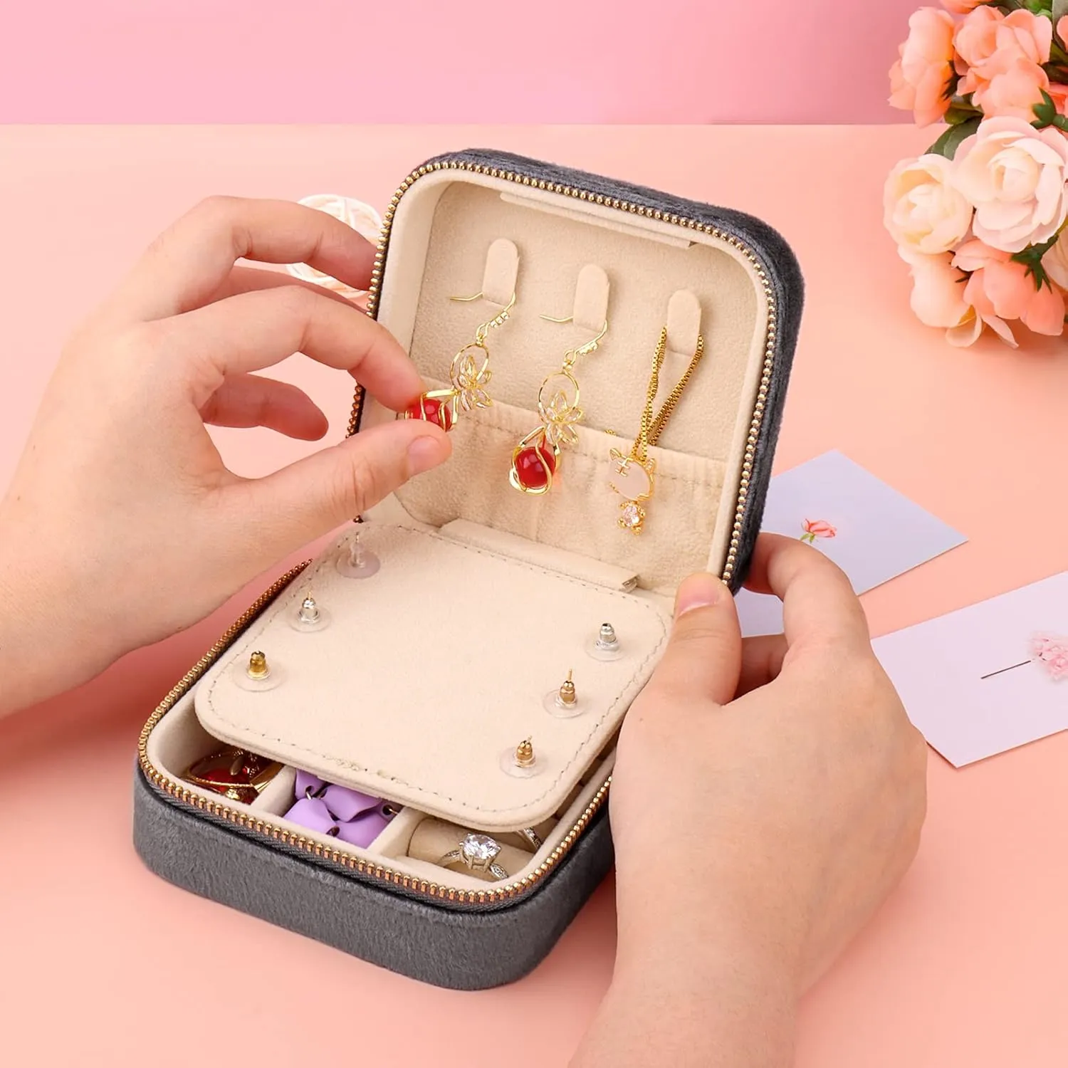 DesignSter Travel Jewelry Box - Velvet Mini Jewelry Organizer, Small Jewelry Case for Girls Women, Jewelry Storage Box for Rings Earrings Necklace (Square, Cool Gray)