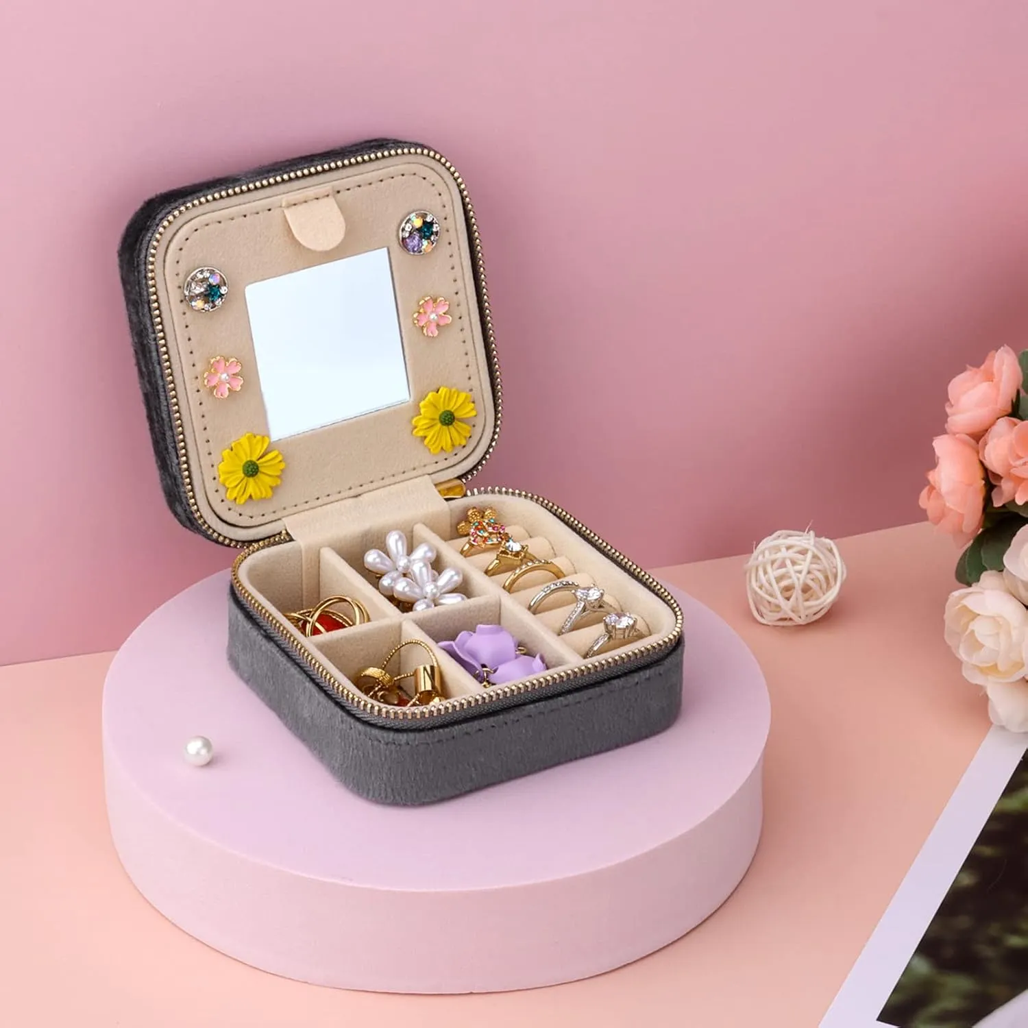 DesignSter Travel Jewelry Box - Velvet Mini Jewelry Organizer, Small Jewelry Case for Girls Women, Jewelry Storage Box for Rings Earrings Necklace (Square, Cool Gray)