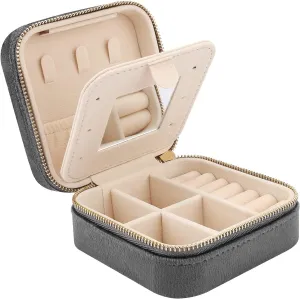 DesignSter Travel Jewelry Box - Velvet Mini Jewelry Organizer, Small Jewelry Case for Girls Women, Jewelry Storage Box for Rings Earrings Necklace (Square, Cool Gray)