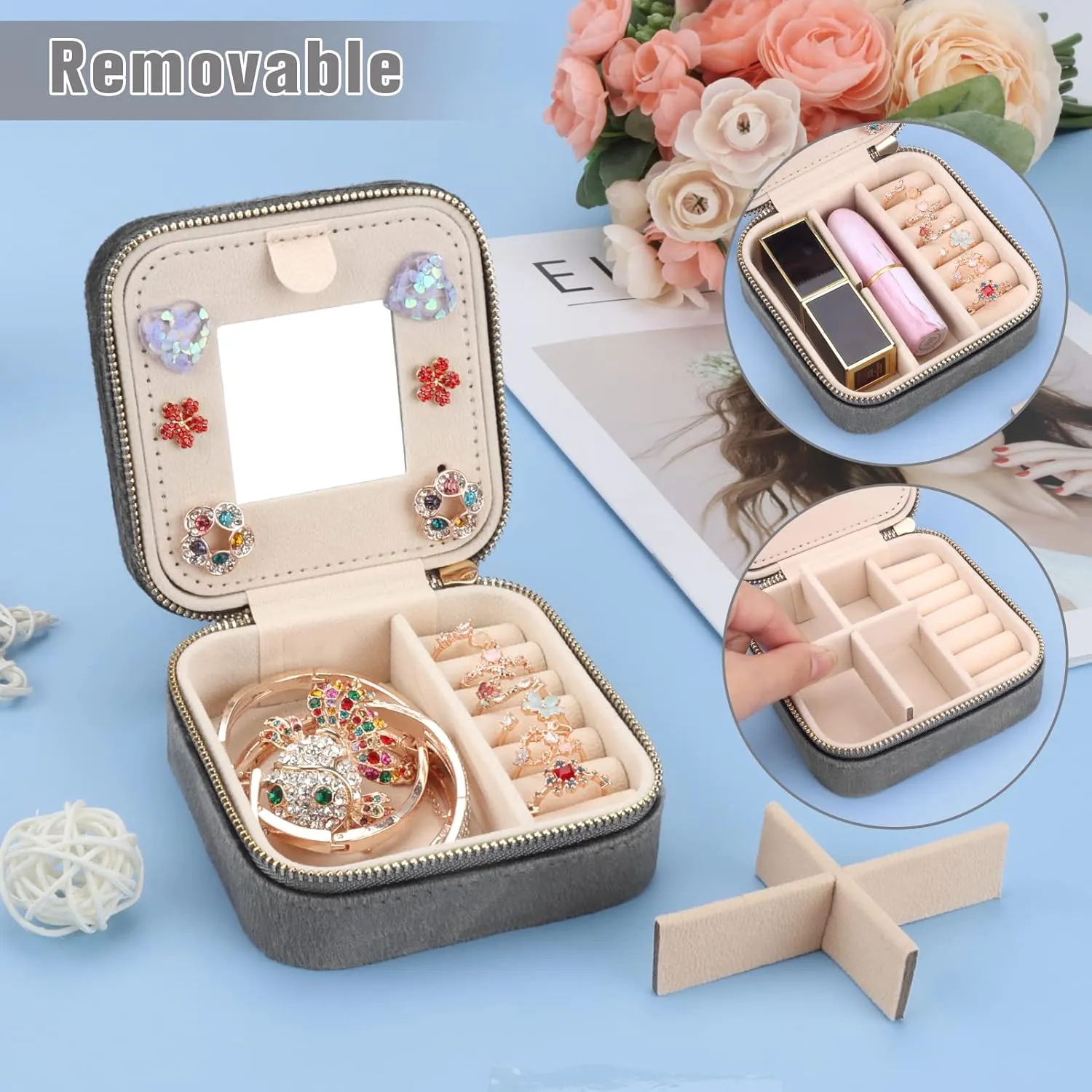 DesignSter Travel Jewelry Box - Velvet Mini Jewelry Organizer, Small Jewelry Case for Girls Women, Jewelry Storage Box for Rings Earrings Necklace (Square, Cool Gray)