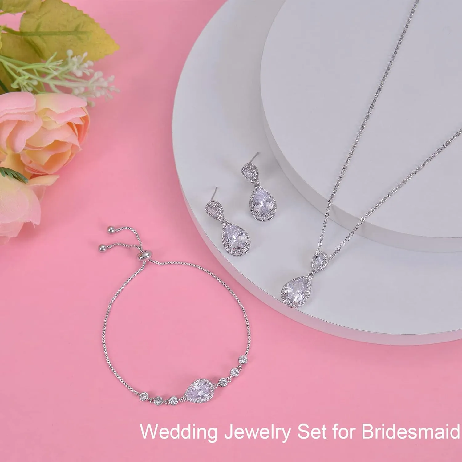 DHQH 4PCS Wedding Jewelry for Bridesmaid Cubic Zirconia Teardrop Necklace Earrings Bracelet Ring Set Bridesmaid Jewelry Set for Women Party Jewelrys Gift