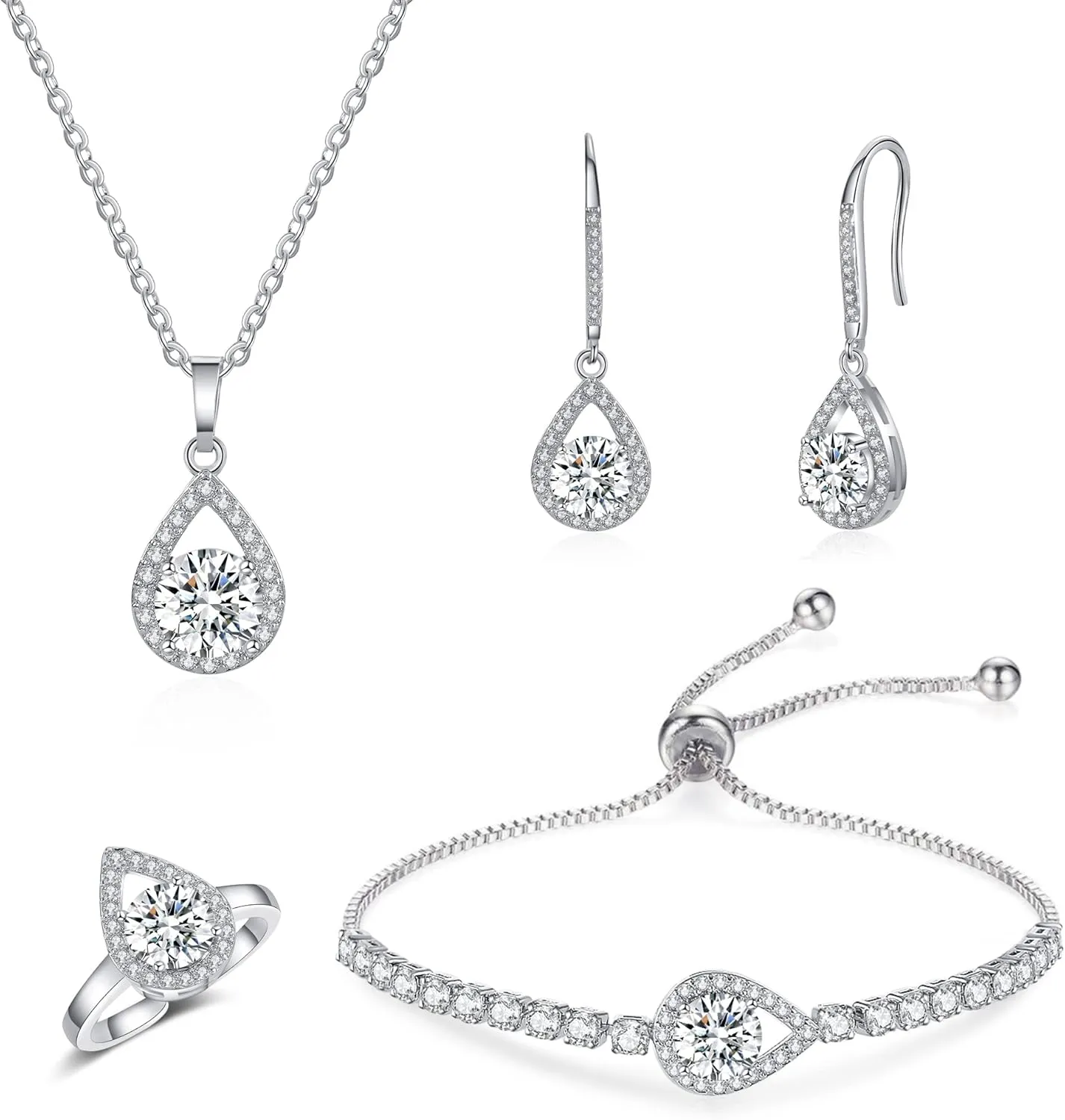 DHQH 4PCS Wedding Jewelry for Bridesmaid Cubic Zirconia Teardrop Necklace Earrings Bracelet Ring Set Bridesmaid Jewelry Set for Women Party Jewelrys Gift