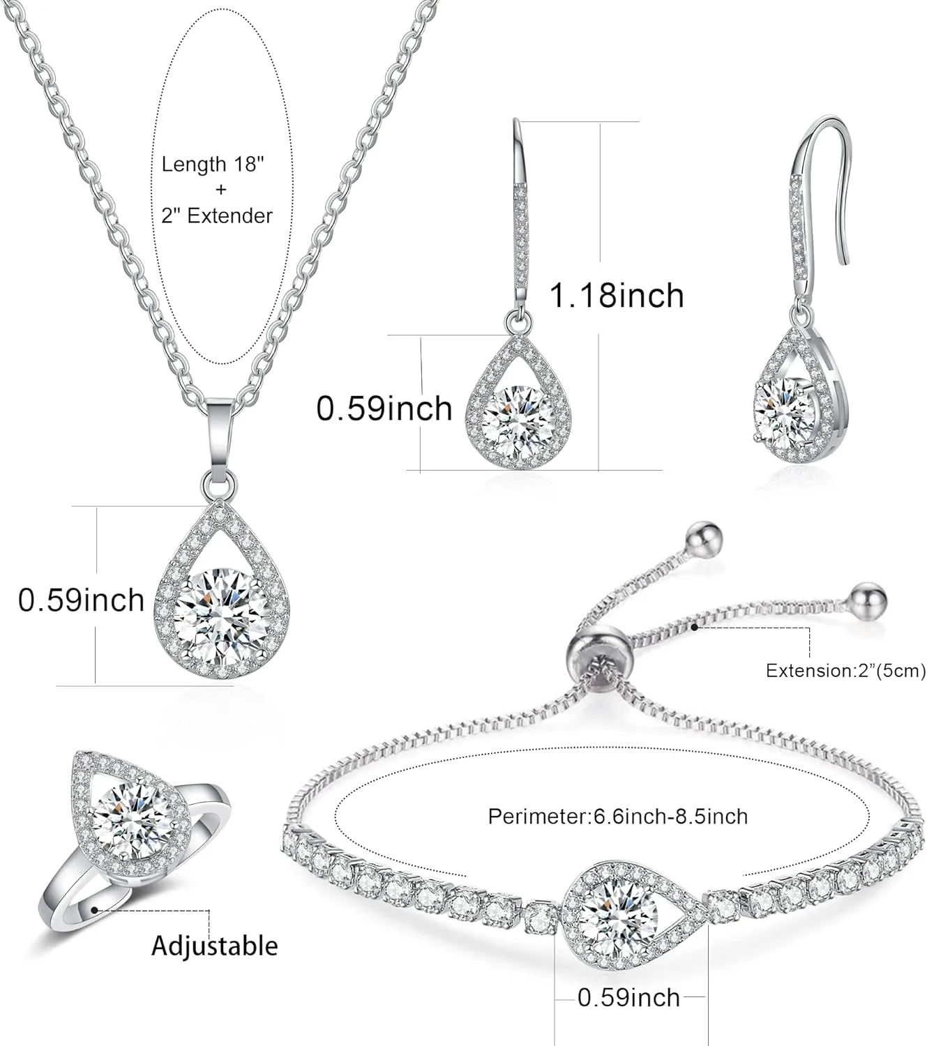 DHQH 4PCS Wedding Jewelry for Bridesmaid Cubic Zirconia Teardrop Necklace Earrings Bracelet Ring Set Bridesmaid Jewelry Set for Women Party Jewelrys Gift