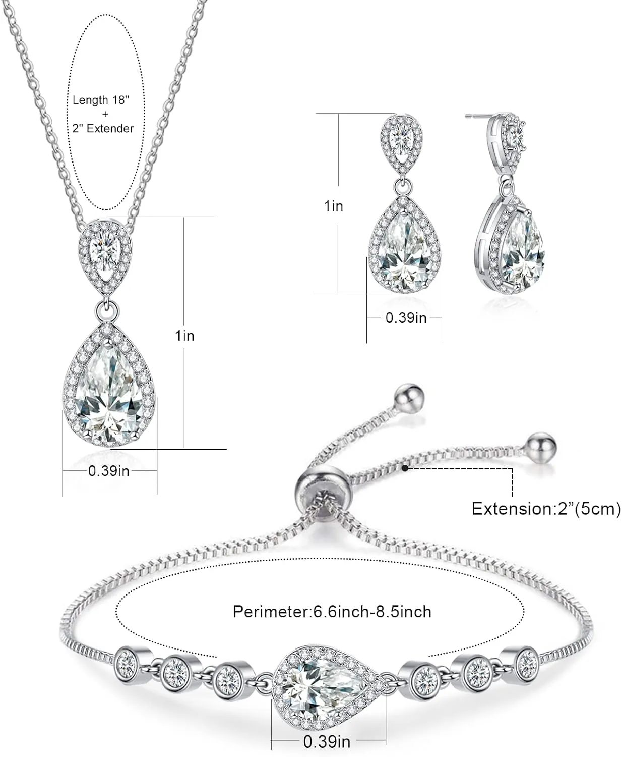 DHQH 4PCS Wedding Jewelry for Bridesmaid Cubic Zirconia Teardrop Necklace Earrings Bracelet Ring Set Bridesmaid Jewelry Set for Women Party Jewelrys Gift