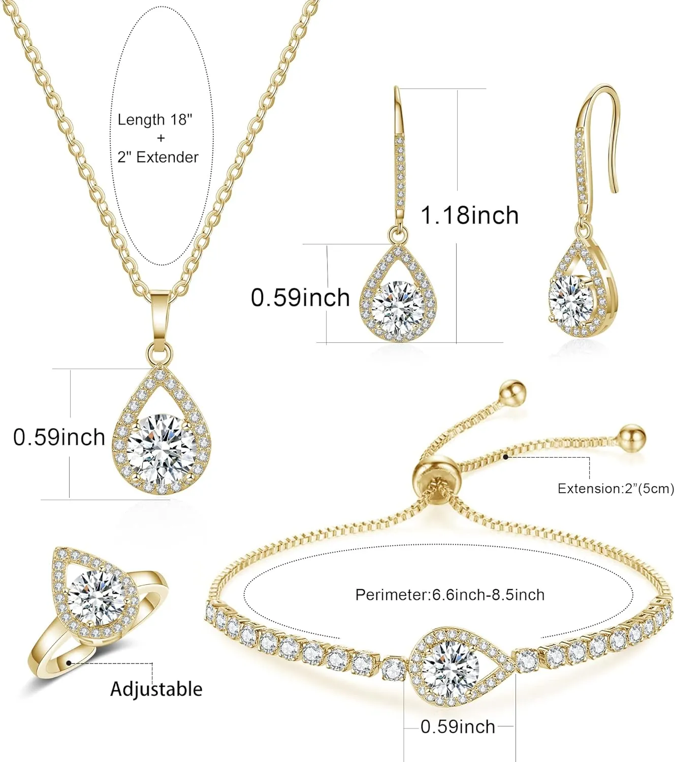 DHQH 4PCS Wedding Jewelry for Bridesmaid Cubic Zirconia Teardrop Necklace Earrings Bracelet Ring Set Bridesmaid Jewelry Set for Women Party Jewelrys Gift