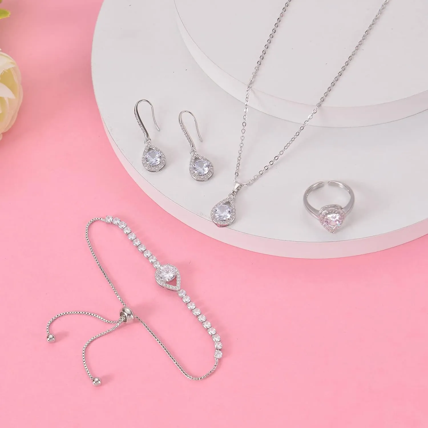 DHQH 4PCS Wedding Jewelry for Bridesmaid Cubic Zirconia Teardrop Necklace Earrings Bracelet Ring Set Bridesmaid Jewelry Set for Women Party Jewelrys Gift