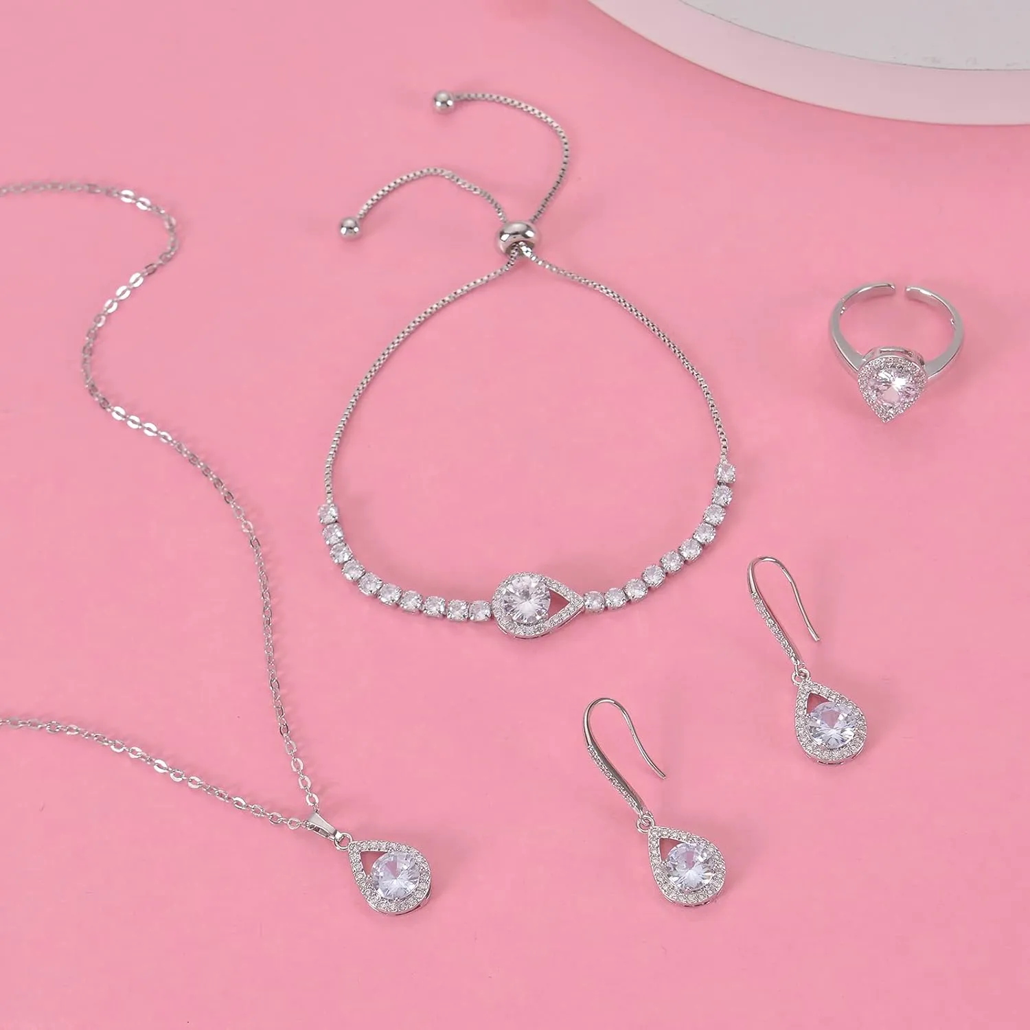 DHQH 4PCS Wedding Jewelry for Bridesmaid Cubic Zirconia Teardrop Necklace Earrings Bracelet Ring Set Bridesmaid Jewelry Set for Women Party Jewelrys Gift