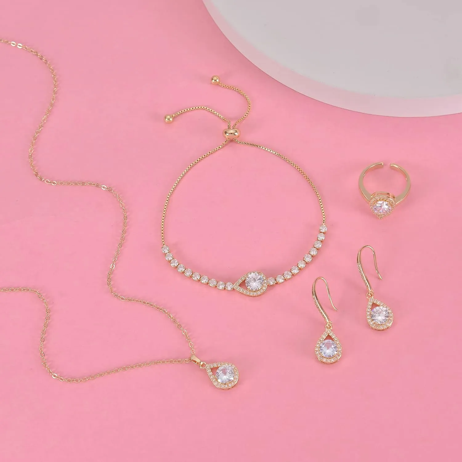 DHQH 4PCS Wedding Jewelry for Bridesmaid Cubic Zirconia Teardrop Necklace Earrings Bracelet Ring Set Bridesmaid Jewelry Set for Women Party Jewelrys Gift