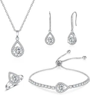 DHQH 4PCS Wedding Jewelry for Bridesmaid Cubic Zirconia Teardrop Necklace Earrings Bracelet Ring Set Bridesmaid Jewelry Set for Women Party Jewelrys Gift