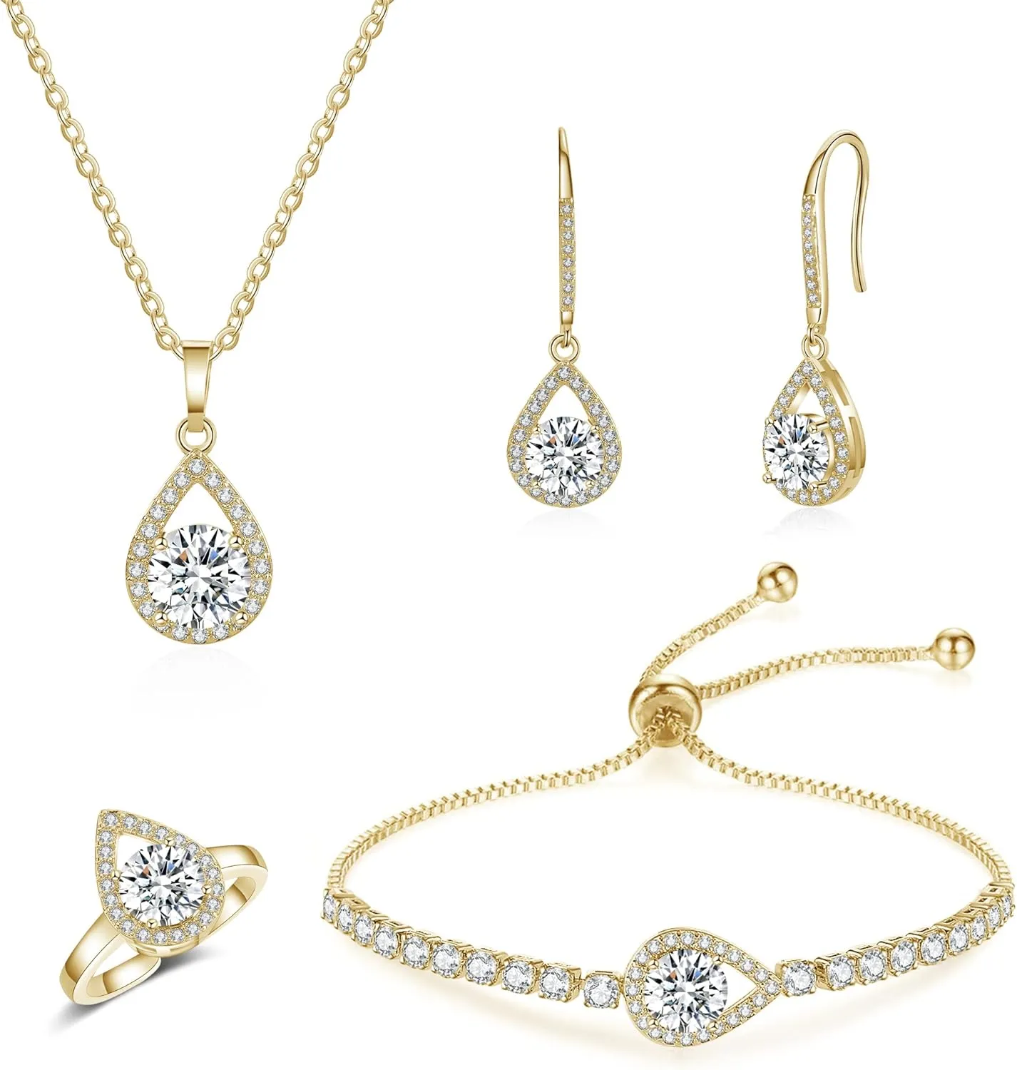 DHQH 4PCS Wedding Jewelry for Bridesmaid Cubic Zirconia Teardrop Necklace Earrings Bracelet Ring Set Bridesmaid Jewelry Set for Women Party Jewelrys Gift