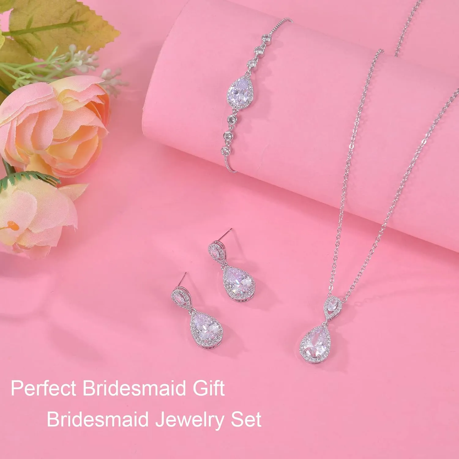 DHQH 4PCS Wedding Jewelry for Bridesmaid Cubic Zirconia Teardrop Necklace Earrings Bracelet Ring Set Bridesmaid Jewelry Set for Women Party Jewelrys Gift
