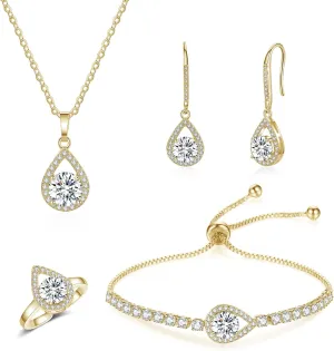 DHQH 4PCS Wedding Jewelry for Bridesmaid Cubic Zirconia Teardrop Necklace Earrings Bracelet Ring Set Bridesmaid Jewelry Set for Women Party Jewelrys Gift