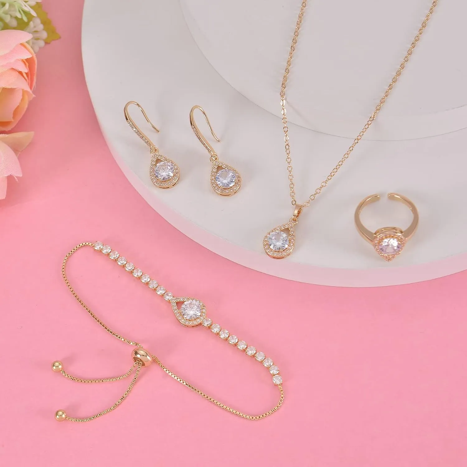 DHQH 4PCS Wedding Jewelry for Bridesmaid Cubic Zirconia Teardrop Necklace Earrings Bracelet Ring Set Bridesmaid Jewelry Set for Women Party Jewelrys Gift