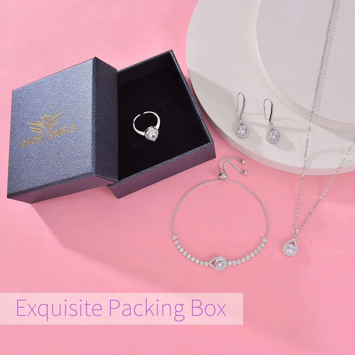 DHQH 4PCS Wedding Jewelry for Bridesmaid Cubic Zirconia Teardrop Necklace Earrings Bracelet Ring Set Bridesmaid Jewelry Set for Women Party Jewelrys Gift