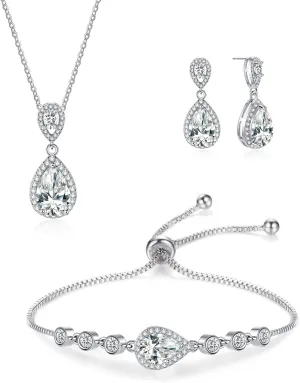 DHQH 4PCS Wedding Jewelry for Bridesmaid Cubic Zirconia Teardrop Necklace Earrings Bracelet Ring Set Bridesmaid Jewelry Set for Women Party Jewelrys Gift