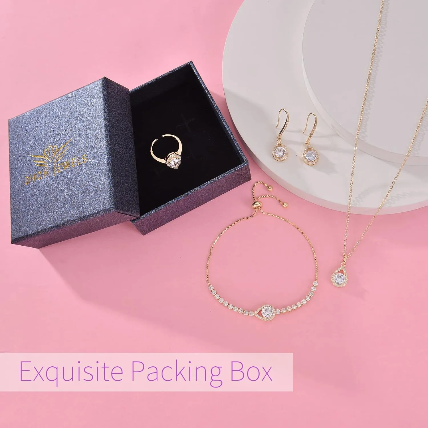DHQH 4PCS Wedding Jewelry for Bridesmaid Cubic Zirconia Teardrop Necklace Earrings Bracelet Ring Set Bridesmaid Jewelry Set for Women Party Jewelrys Gift