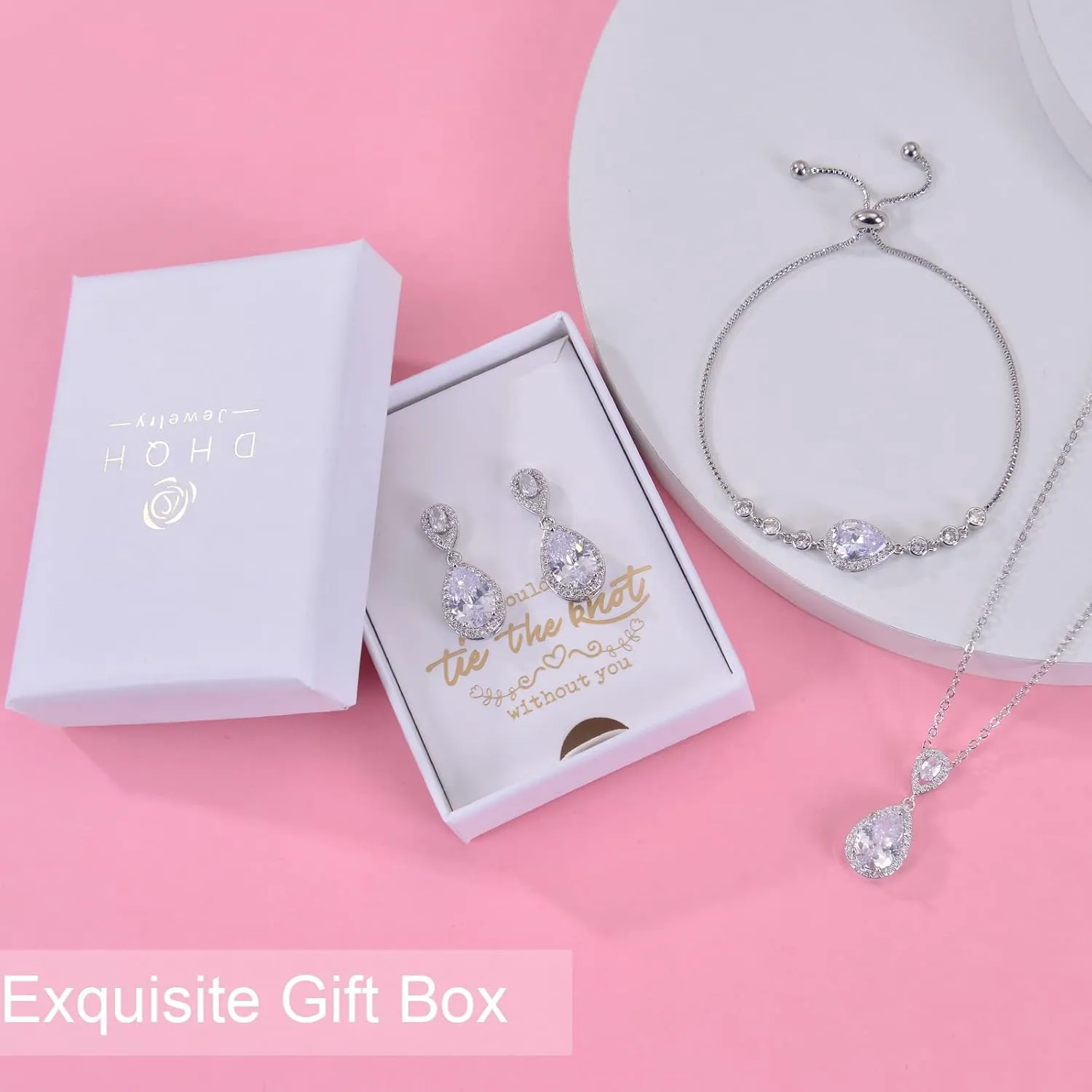 DHQH 4PCS Wedding Jewelry for Bridesmaid Cubic Zirconia Teardrop Necklace Earrings Bracelet Ring Set Bridesmaid Jewelry Set for Women Party Jewelrys Gift