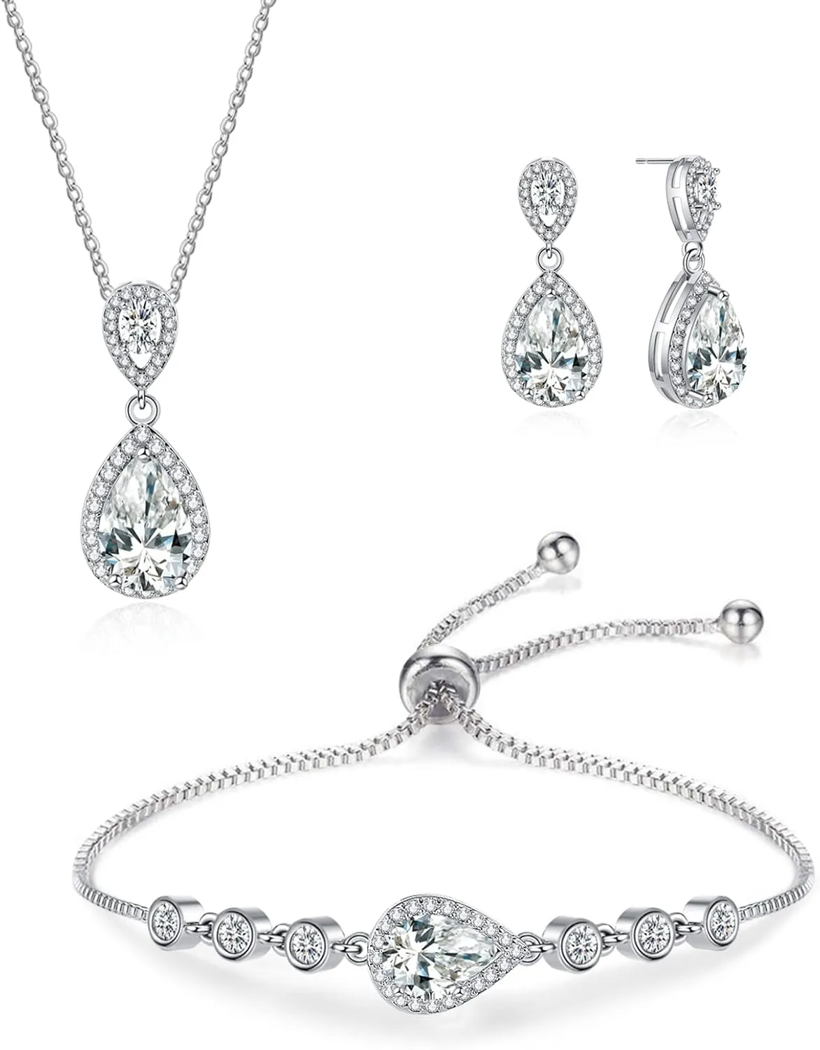 DHQH 4PCS Wedding Jewelry for Bridesmaid Cubic Zirconia Teardrop Necklace Earrings Bracelet Ring Set Bridesmaid Jewelry Set for Women Party Jewelrys Gift