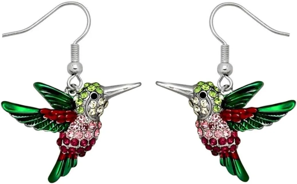 DianaL Boutique Silvertone Enameled Hummingbird Earrings Bird Gift Boxed