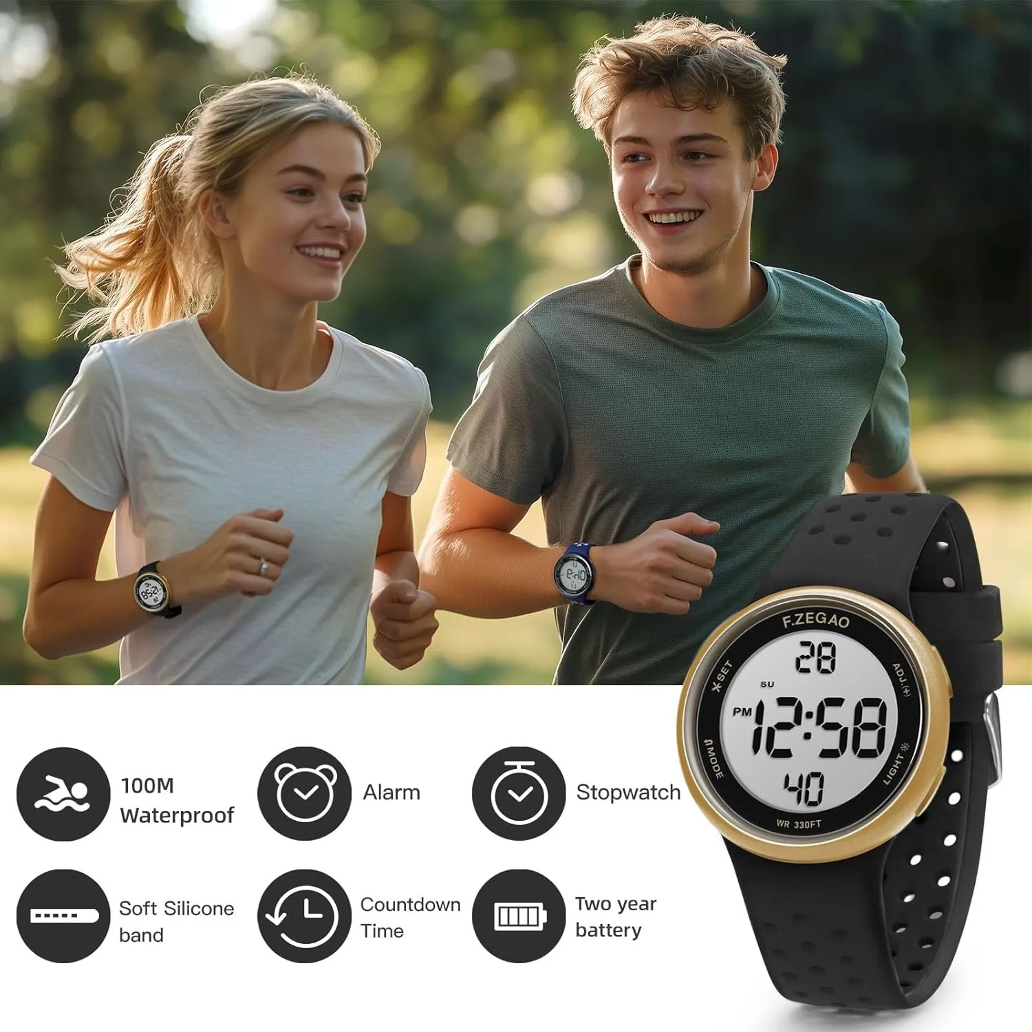 Digital Watch Unisex, 10ATM Waterproof Watch for Swimming Soft Double Injected Silicone Band Stopwatch Alarm Countdown Dual Time Mutifunction