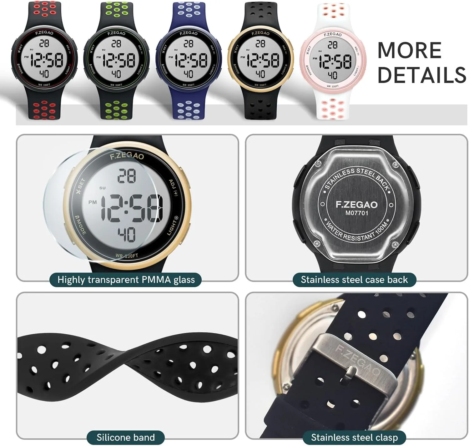 Digital Watch Unisex, 10ATM Waterproof Watch for Swimming Soft Double Injected Silicone Band Stopwatch Alarm Countdown Dual Time Mutifunction