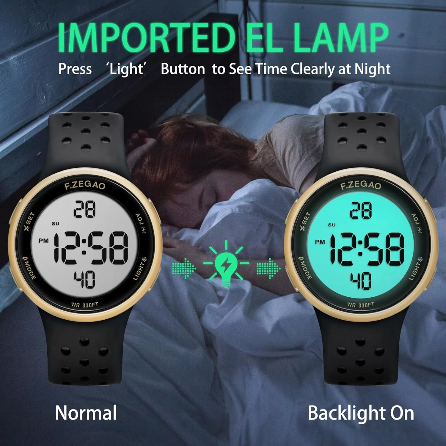 Digital Watch Unisex, 10ATM Waterproof Watch for Swimming Soft Double Injected Silicone Band Stopwatch Alarm Countdown Dual Time Mutifunction