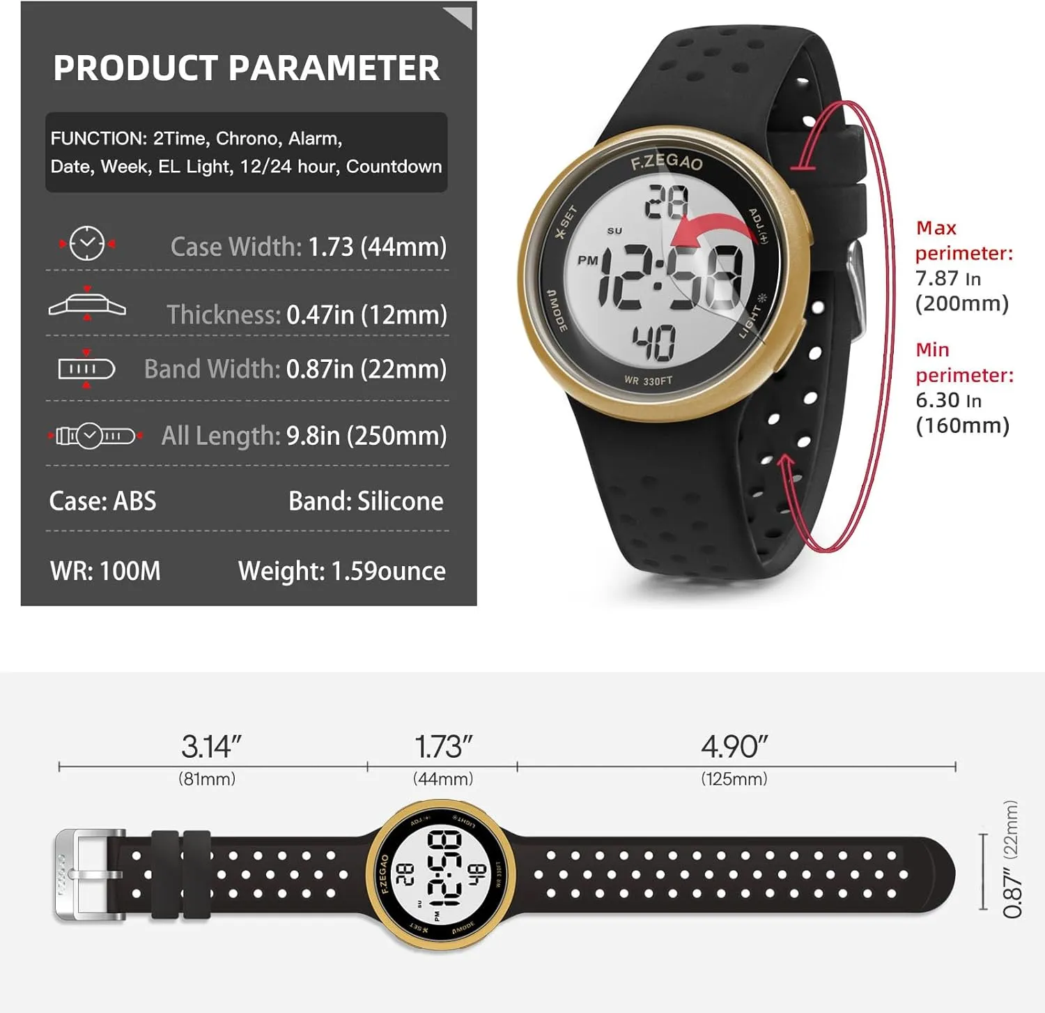 Digital Watch Unisex, 10ATM Waterproof Watch for Swimming Soft Double Injected Silicone Band Stopwatch Alarm Countdown Dual Time Mutifunction
