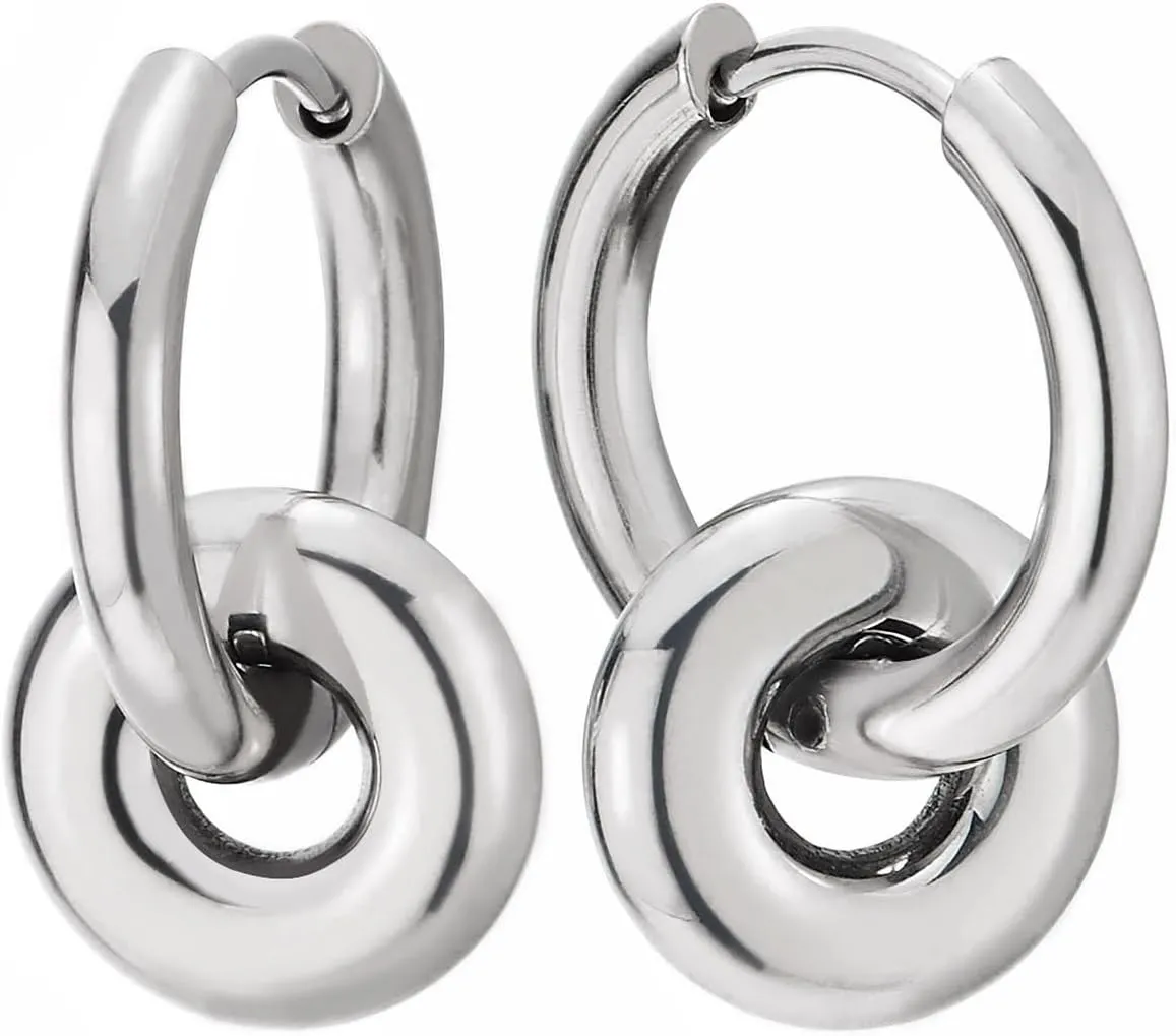 Double Hoop Earrings Steel, Men Women Circle Huggie Earrings Hinged, Modern Minimalist Dangle Design