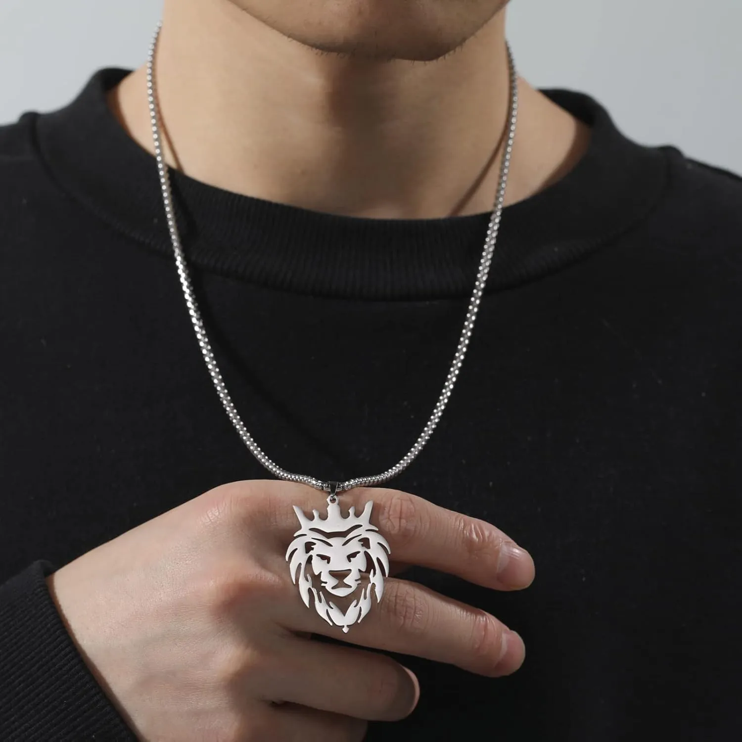 Dreamtimes Lion With King Crown Necklaces for Men Punk Animal Stainless Steel Pendant Necklace Men's Chain Fashion Jewelry Gothic Punk Rock Mens Pendant Necklace