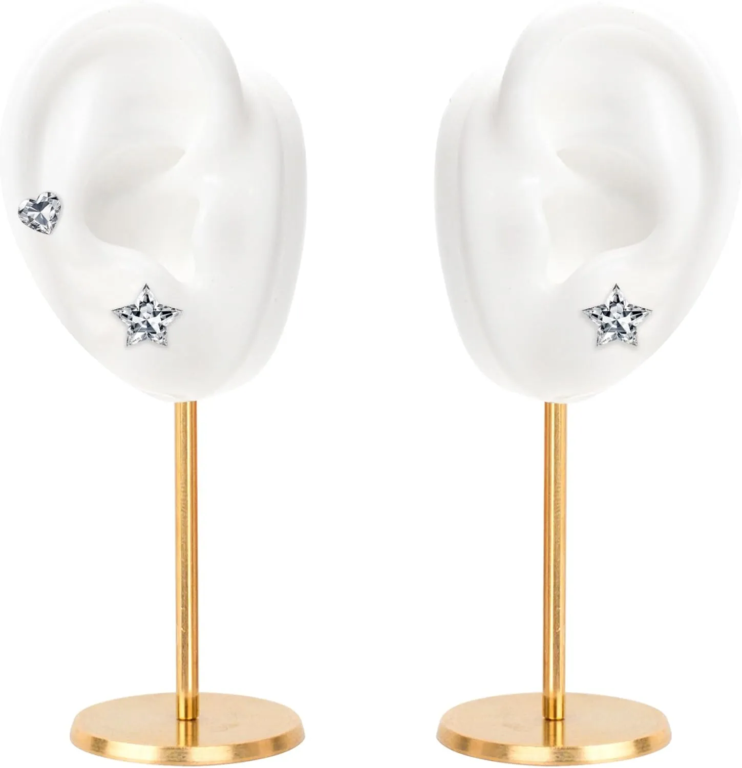 Ear Shaped Earring Display Stand, Piercing Stud Holder, Copper Round Base Silicone Body Mannequin Model Organizer, Navel Jewelry Rack for Girl Women Shows Birthday Wedding Decor (Left&Right, White)
