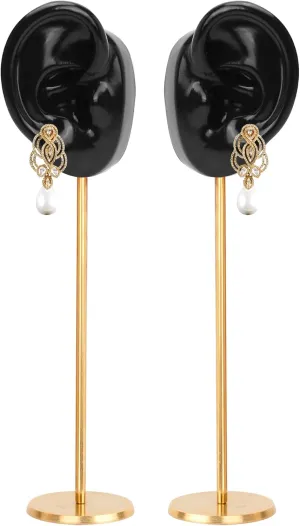Ear Shaped Piercing Stud Holder Earring Display Stand, Copper Round Base Silicone Body Mannequin Model Organizer, Navel Rack for Girl Women Shows Jewelry Birthday Wedding Decor (Left&Right, Black)