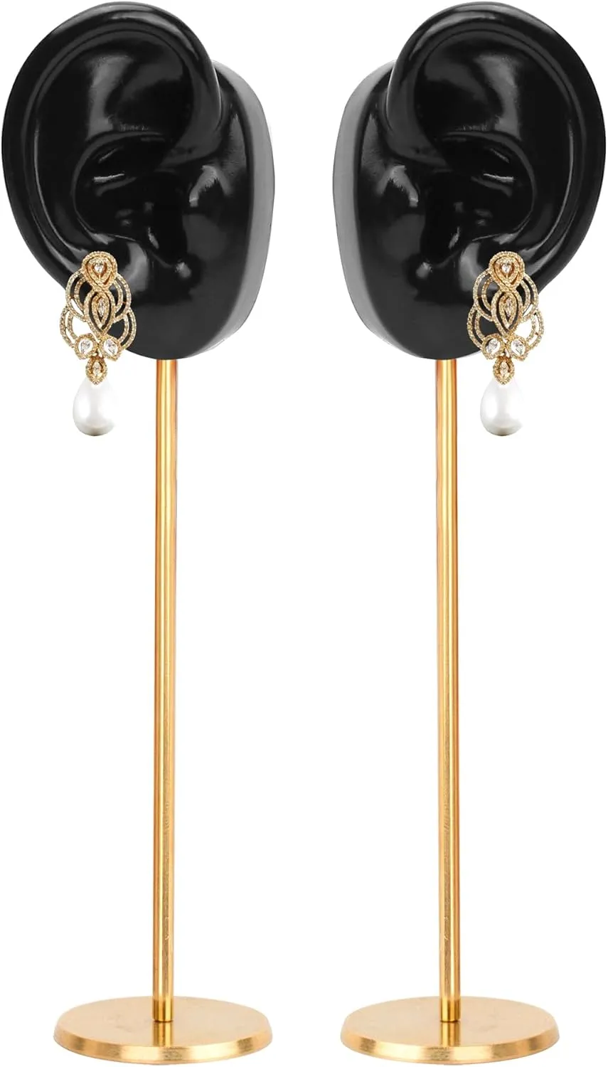 Ear Shaped Piercing Stud Holder Earring Display Stand, Copper Round Base Silicone Body Mannequin Model Organizer, Navel Rack for Girl Women Shows Jewelry Birthday Wedding Decor (Left&Right, Black)