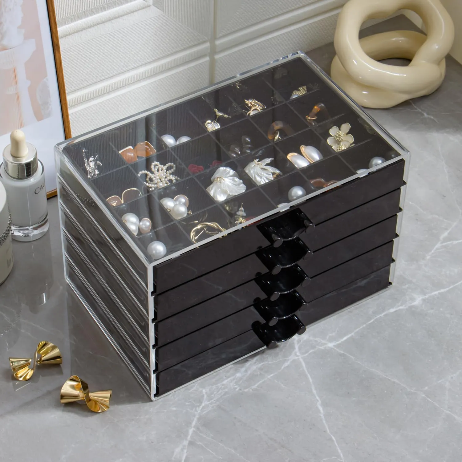 Earring Storage Box Organizer, Acrylic Jewelry Storage Box Holder 5 Drawers Transparent Jewelry Display Stand with 120 Small Compartments Gift Boxes for Women Girls (Black)