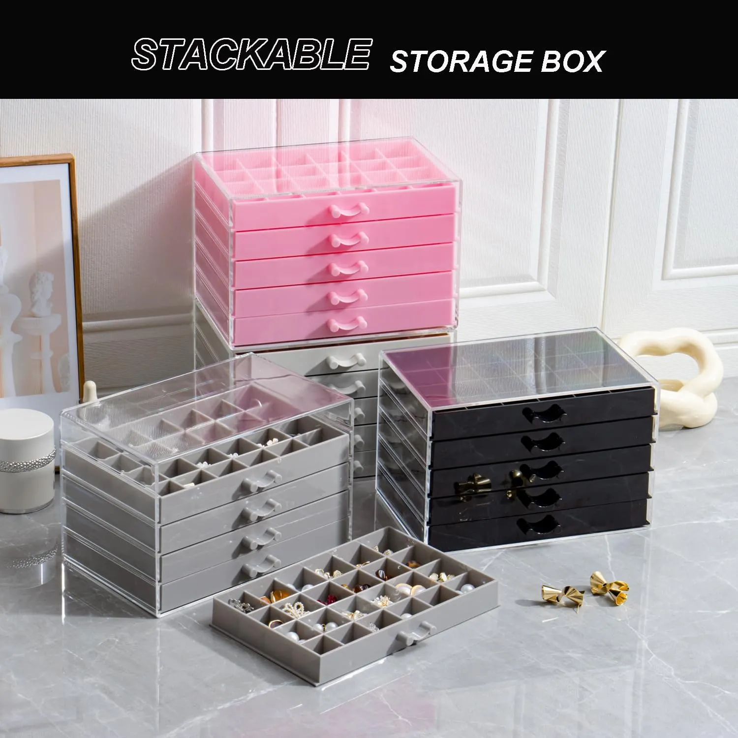 Earring Storage Box Organizer, Acrylic Jewelry Storage Box Holder 5 Drawers Transparent Jewelry Display Stand with 120 Small Compartments Gift Boxes for Women Girls (Black)