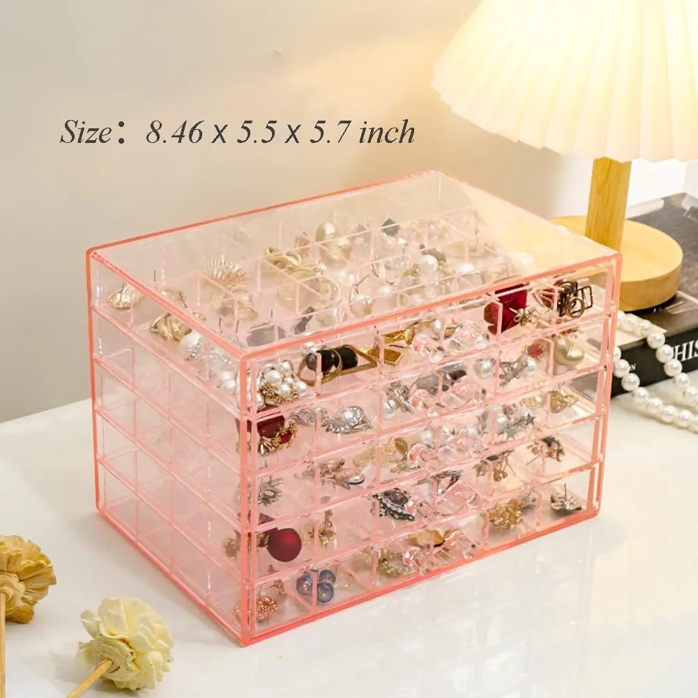 Earring Storage Box Organizer, Acrylic Jewelry Storage Box Holder 5 Drawers Transparent Jewelry Display Stand with 120 Small Compartments Gift Boxes for Women Girls (Clear Pink)