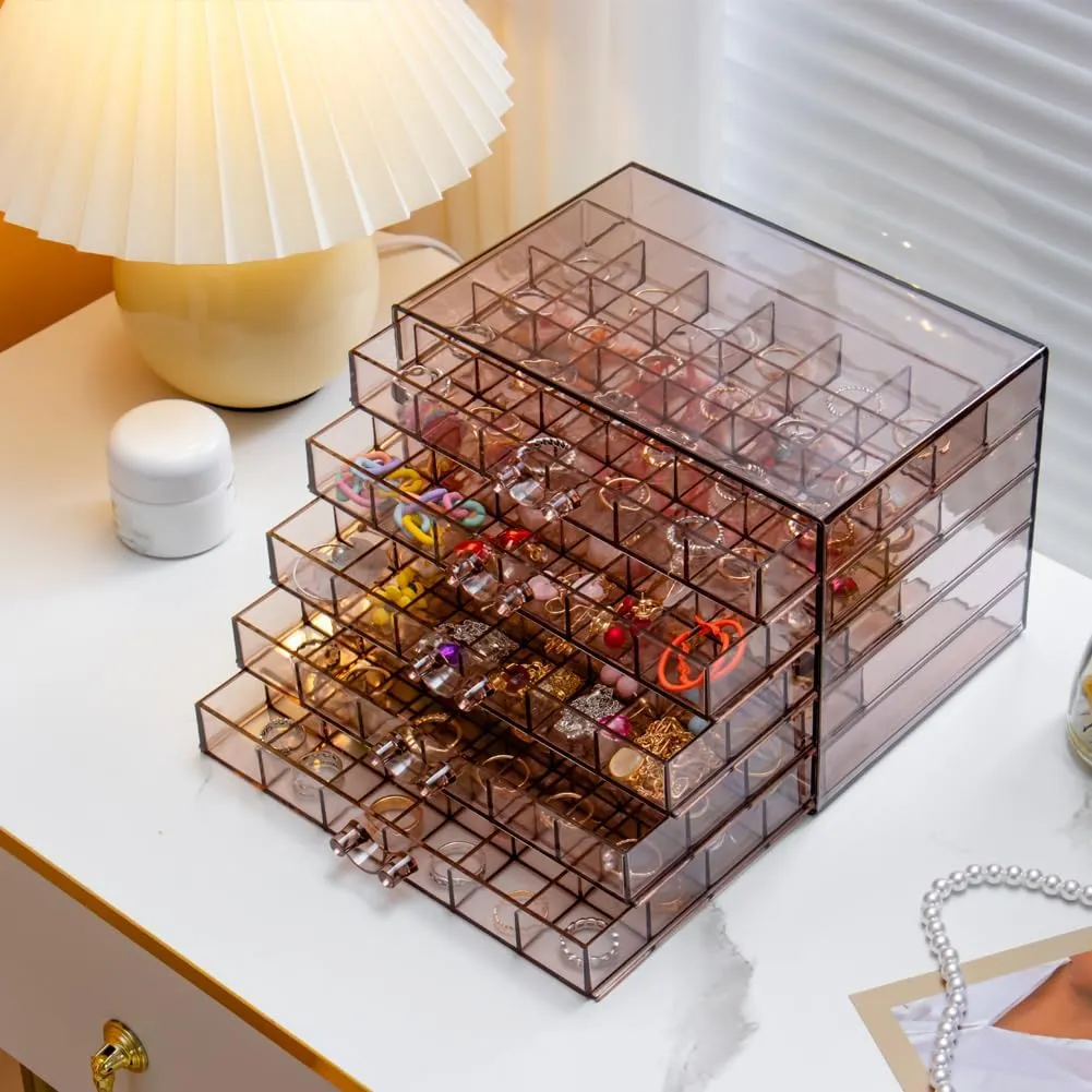Earring Storage Box Organizer, Acrylic Jewelry Storage Box Holder 5 Drawers Transparent Jewelry Display Stand with 120 Small Compartments Gift Boxes for Women Girls (Clear Purple Brown)