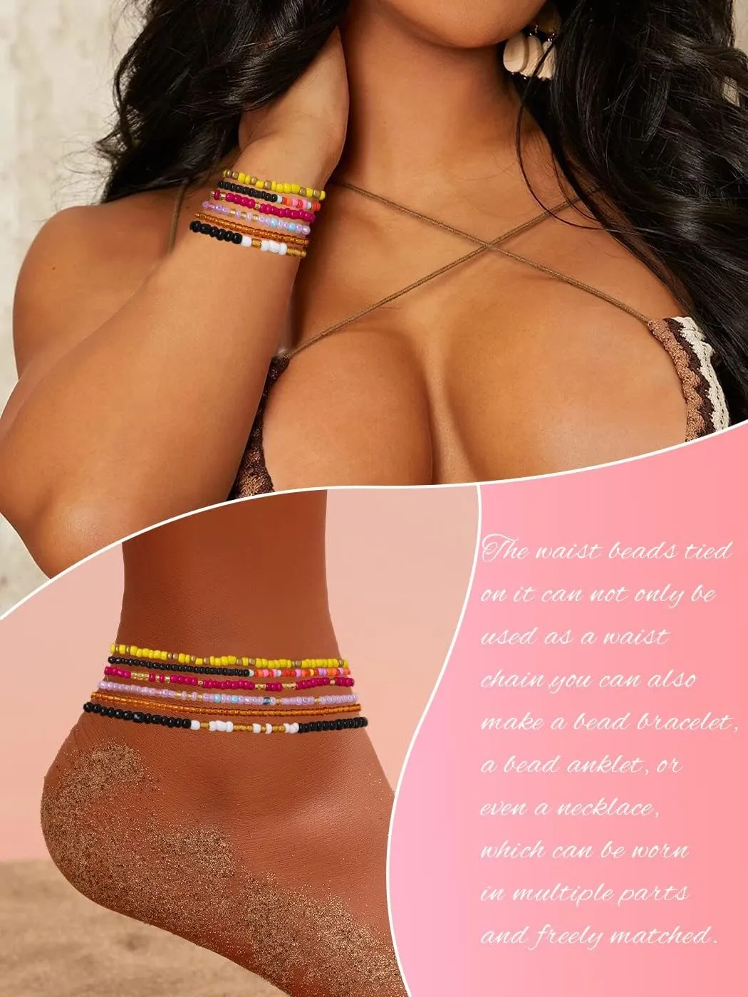 ELABEST 50inch Plus Size African Waist Beads Belly Chain Non-Stretching Tie-on Bead Jewelry Accessories for Women and Girls