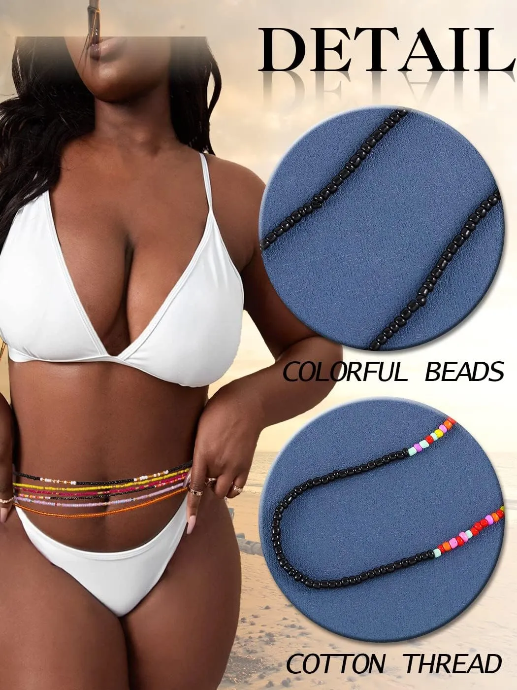 ELABEST 50inch Plus Size African Waist Beads Belly Chain Non-Stretching Tie-on Bead Jewelry Accessories for Women and Girls